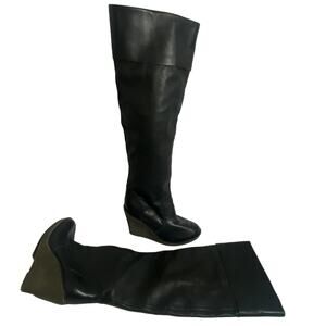 Kelsi Dagger Etna Over-The-Knee Black Leather Wedge Heel Boots Sz 7.5